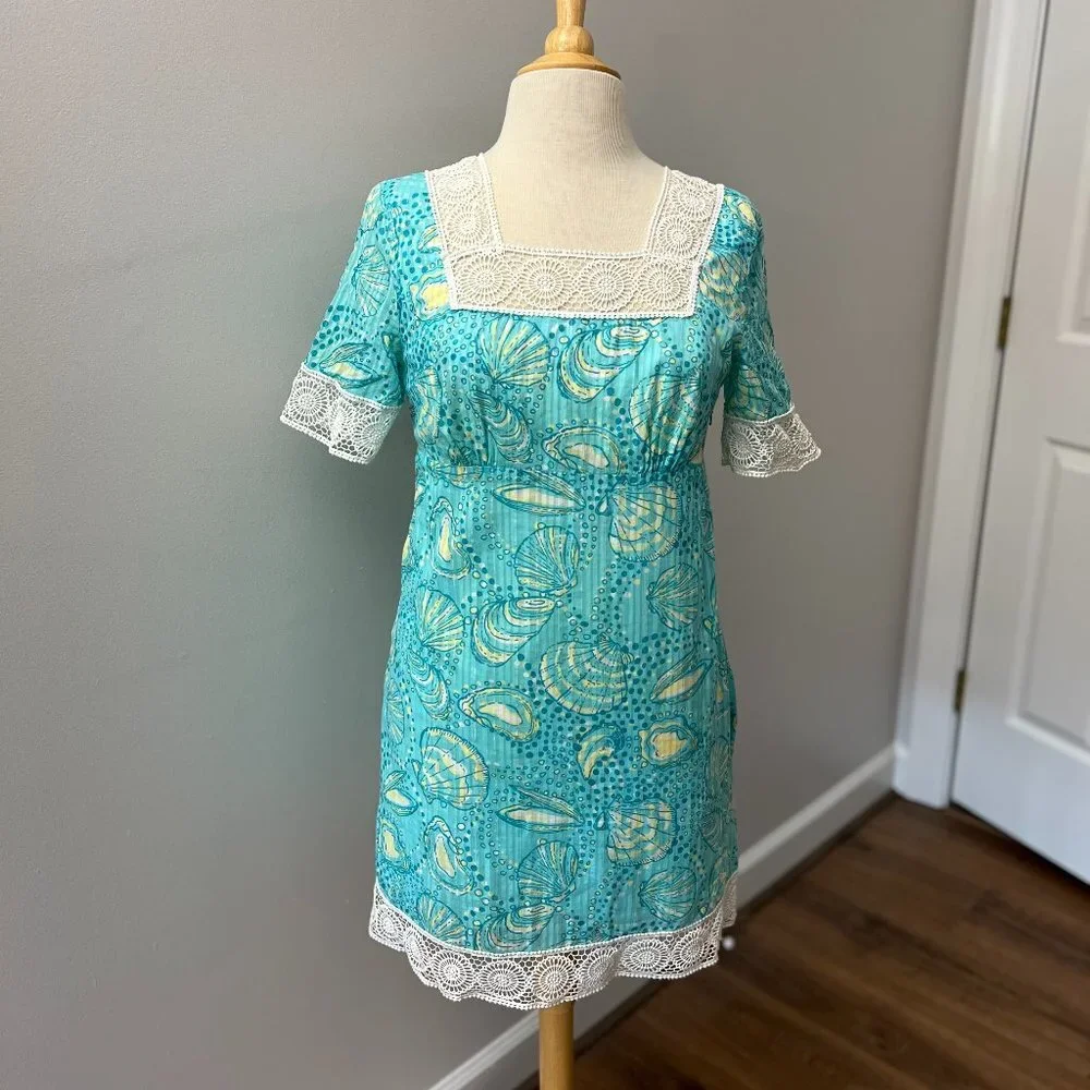 Lilly Pulitzer Aqua Seashell Print Crochet Lace Dress Sz S